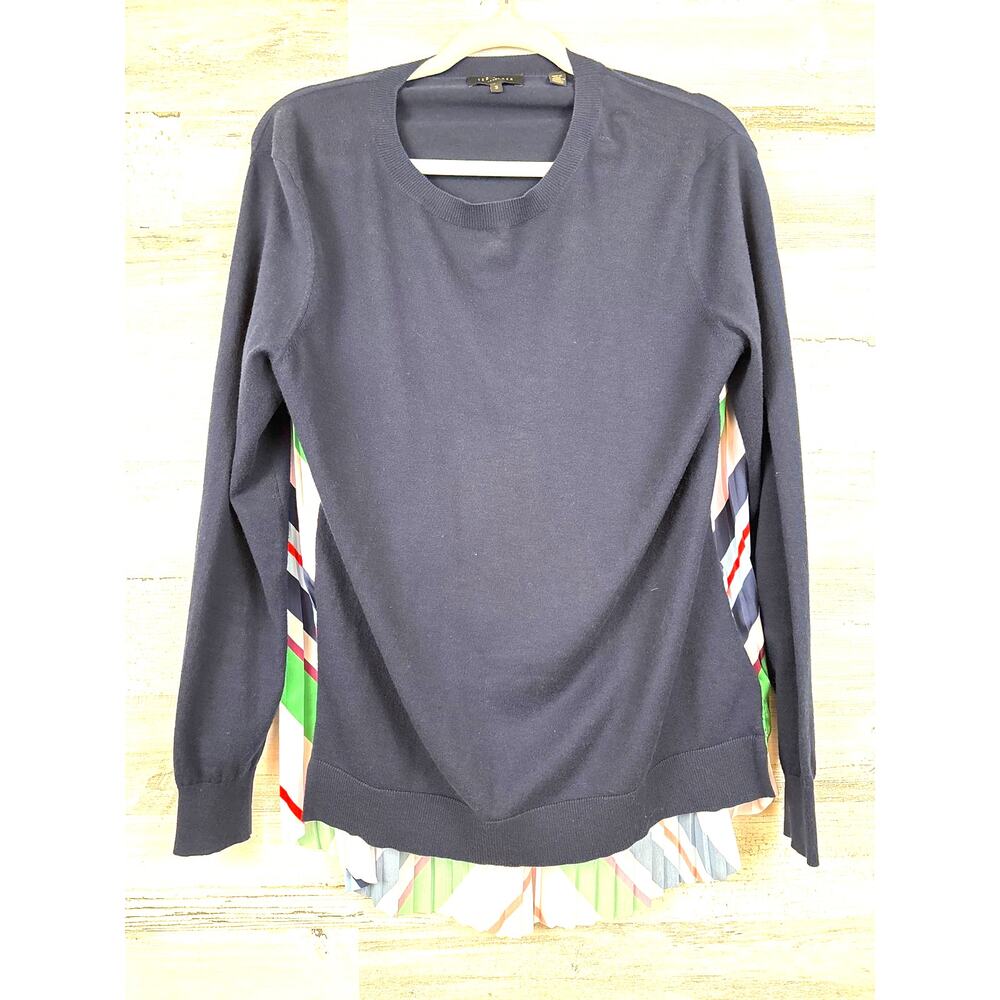 Ted Baker London Womens M Navy Blue Chevron Silk Blend Sweater Blouse Luxe